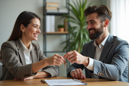 Femme et homme échangeant des clés dans un cadre professionnel