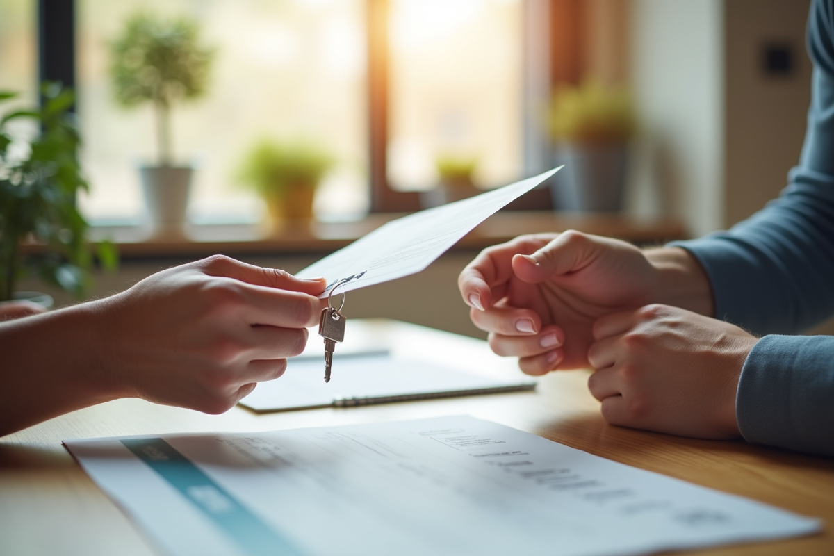 Main échangeant une enveloppe et des clés devant un appartement lumineux