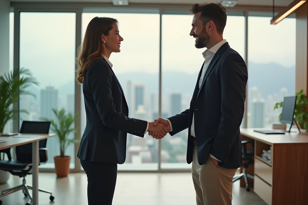 Femme d'affaires confiante serrant la main d'un homme souriant dans un bureau immobilier