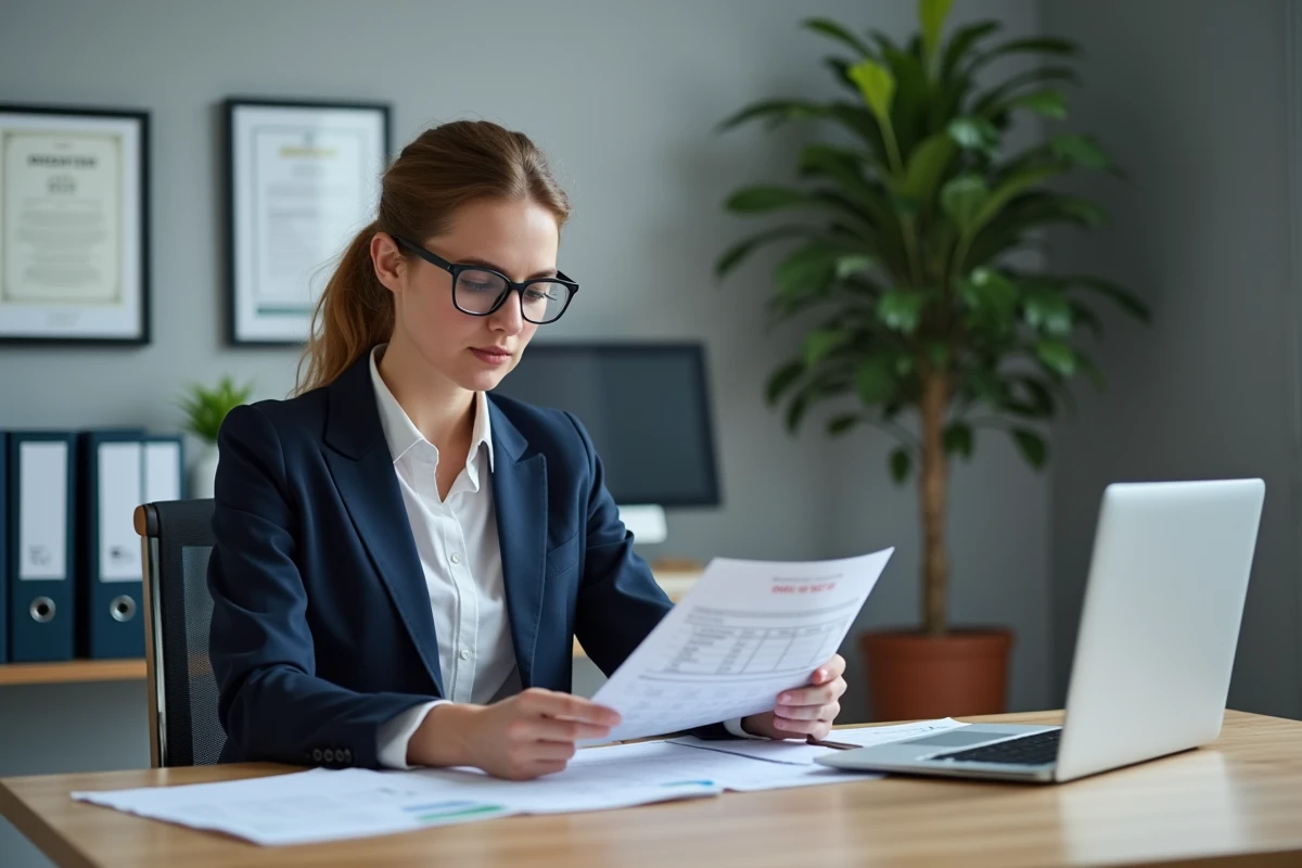 Économiste de la construction consultant l'indice BT47 sur ordinateur et documents papier en bureau professionnel