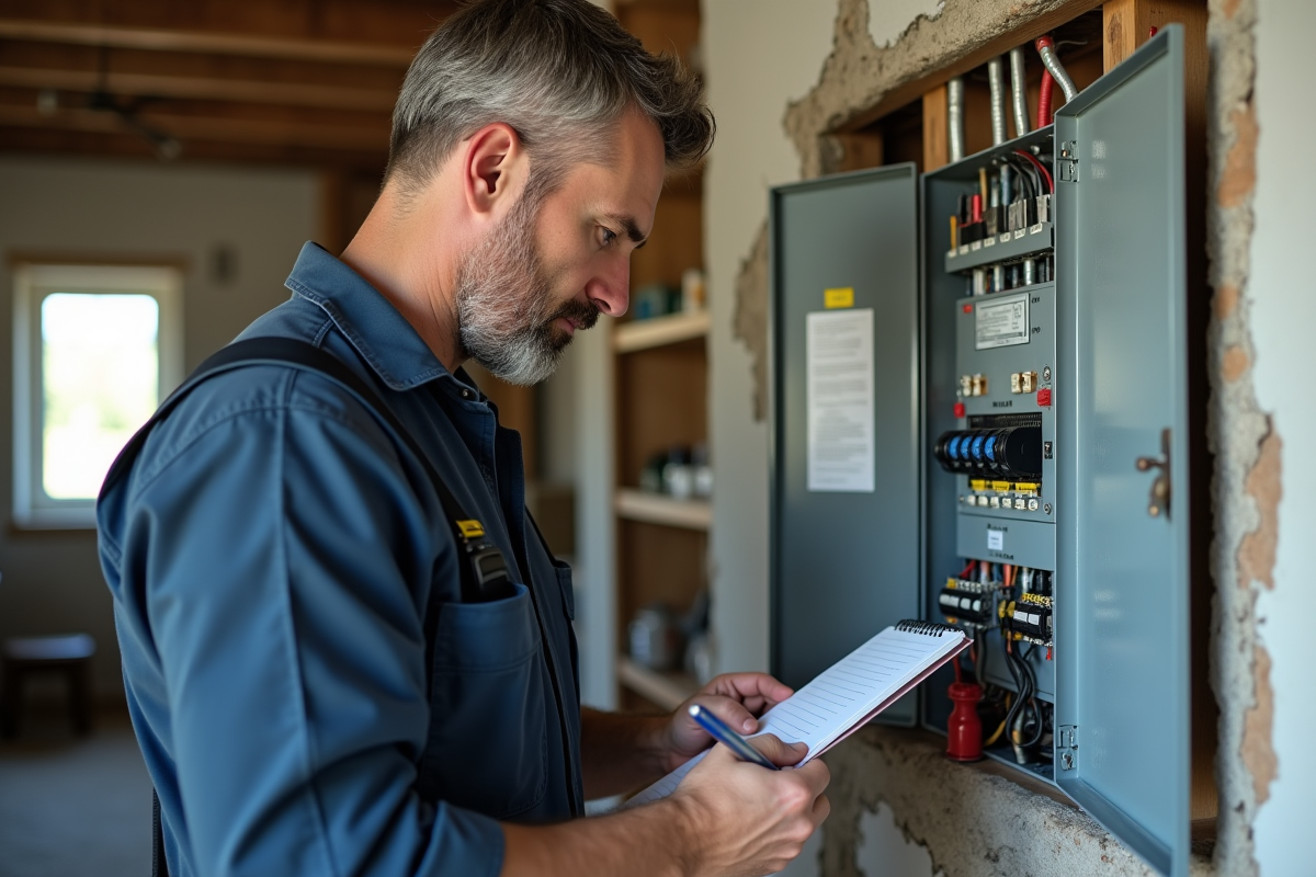 Électricien inspectant un tableau électrique dans une maison