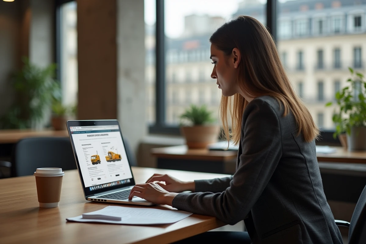 Entrepreneuse parisienne analysant les avantages concurrentiels des plateformes BTP en ligne dans un espace de co-working moderne