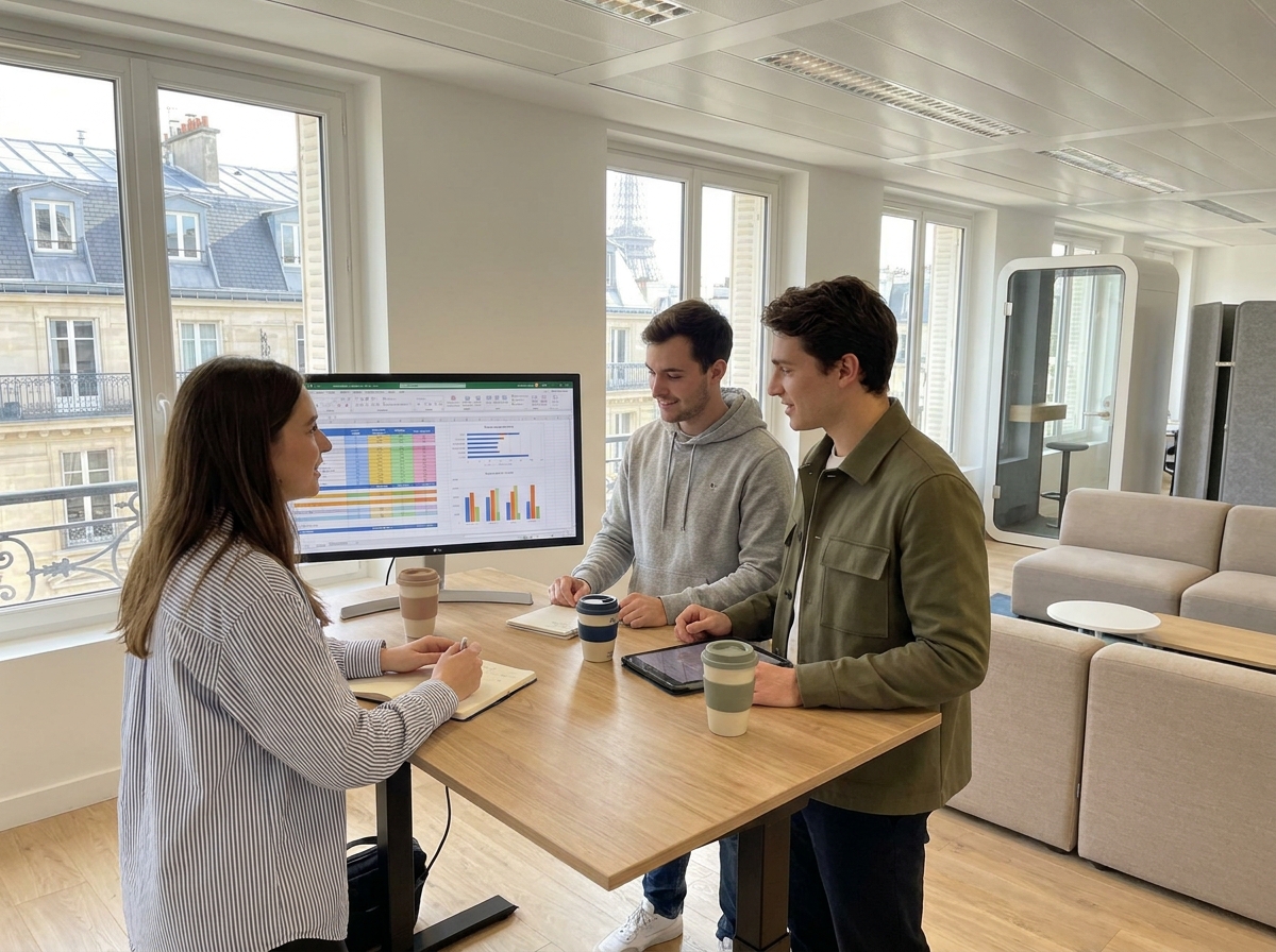 Équipe de professionnels collaborant dans un bureau partagé moderne avec vue sur les toits parisiens