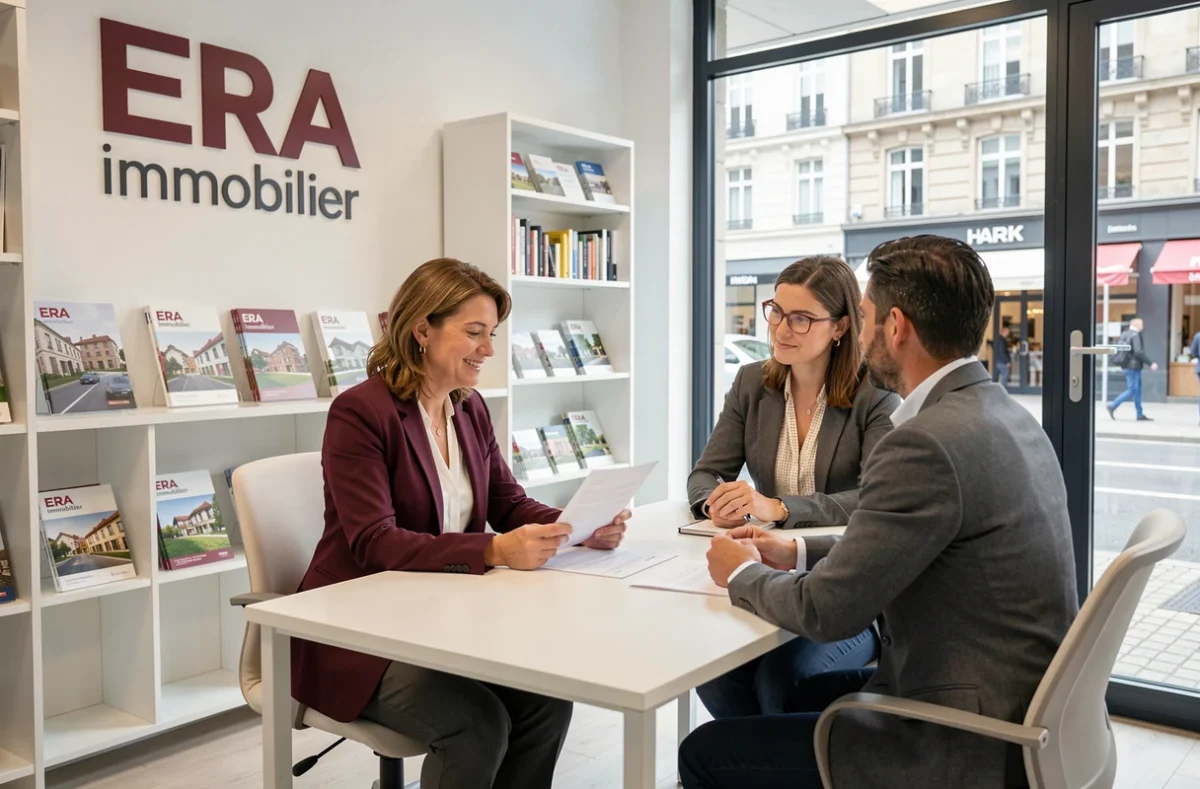 Agente ERA Immobilier Dijon Vimont en consultation avec un couple de clients dans l'agence