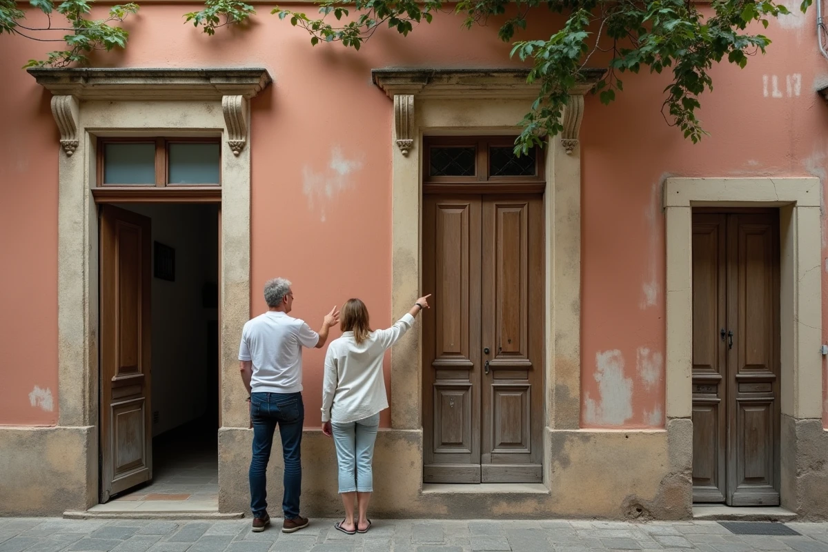 Couple inspectant la façade d'un immeuble ancien dans le quartier des Carmes à Toulouse avant un achat immobilier