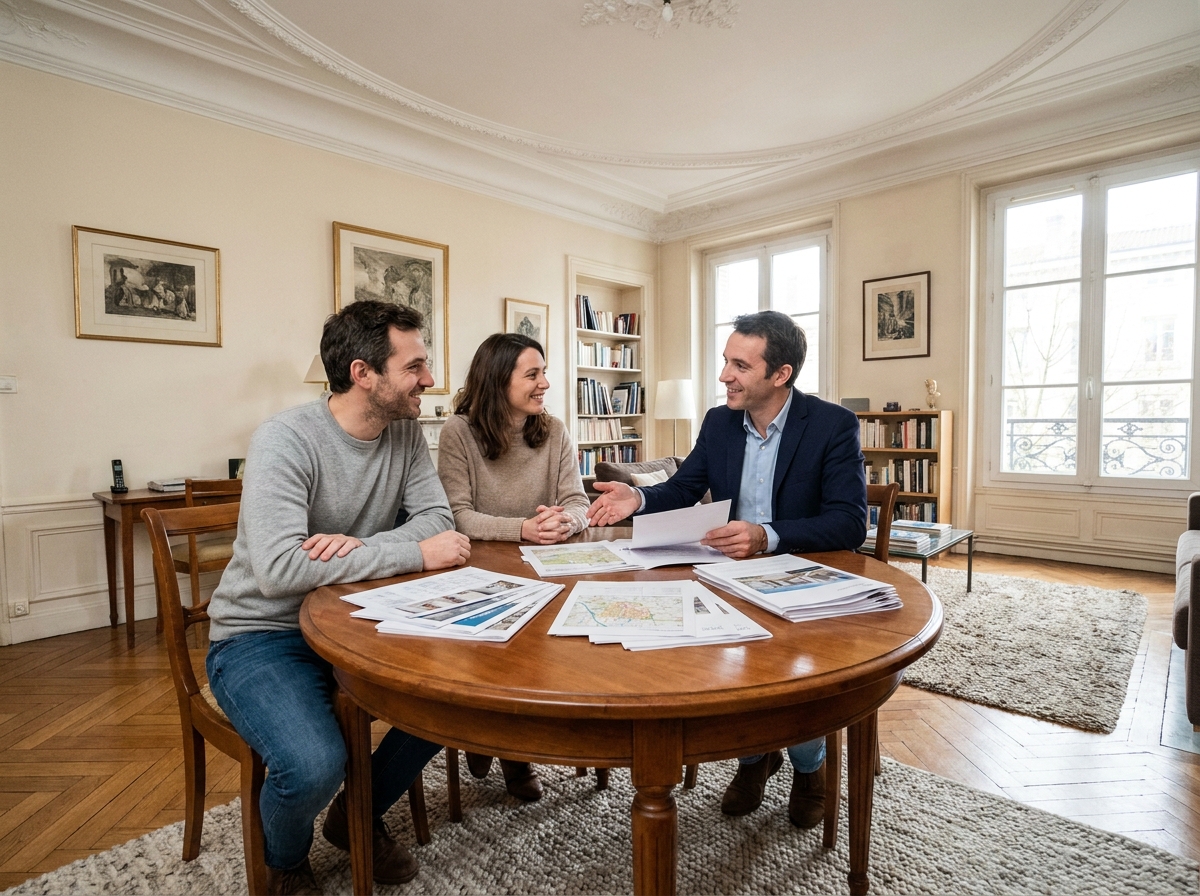 Couple discutant de l'estimation de leur appartement lyonnais avec un agent immobilier