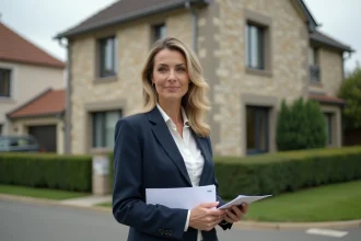 Agent immobilière tenant un rapport d'estimation devant une maison à vendre en banlieue résidentielle française