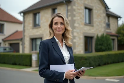 Agent immobilière tenant un rapport d'estimation devant une maison à vendre en banlieue résidentielle française
