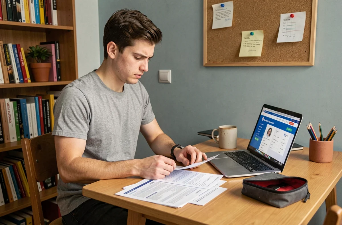 Étudiant consultant les documents d'assurance ADH dans son appartement avant la rentrée universitaire