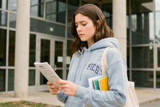 Étudiante tenant un document d'assurance ADH devant son campus universitaire à la rentrée