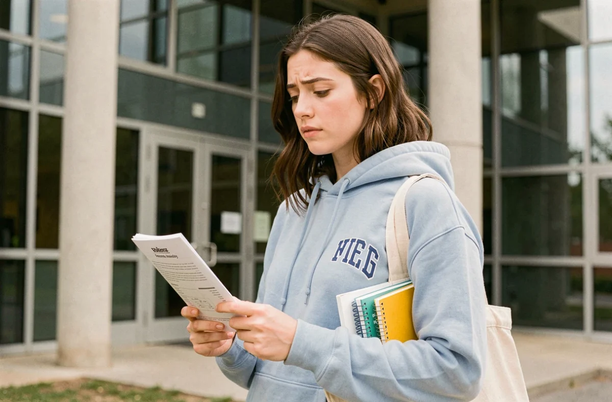 Étudiante tenant un document d'assurance ADH devant son campus universitaire à la rentrée