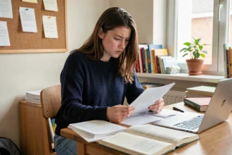 Étudiante examinant des documents d'assurance responsabilité civile dans sa chambre universitaire