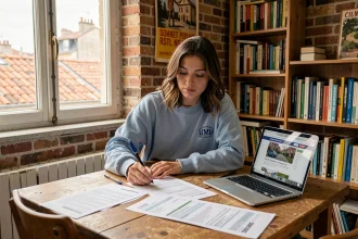 Étudiante consultant des documents de bail et des annonces de loyers dans un appartement étudiant à Lyon