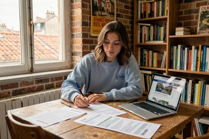 Étudiante consultant des documents de bail et des annonces de loyers dans un appartement étudiant à Lyon