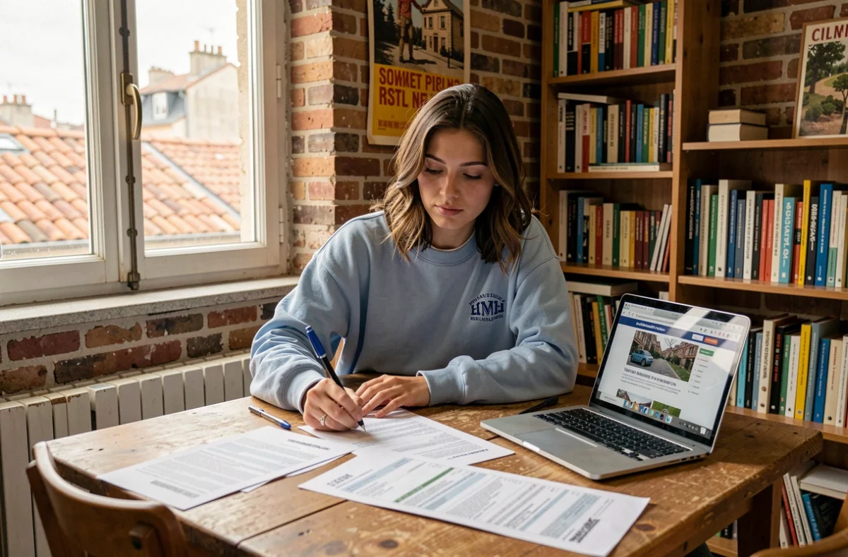 Étudiante consultant des documents de bail et des annonces de loyers dans un appartement étudiant à Lyon