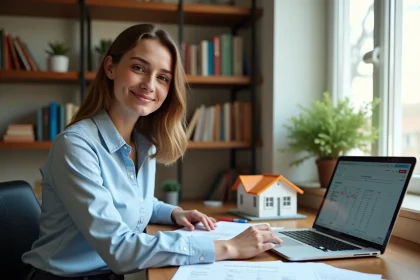 Étudiante simulant un prêt immobilier sur ordinateur portable avec des documents de financement sur un bureau en bois