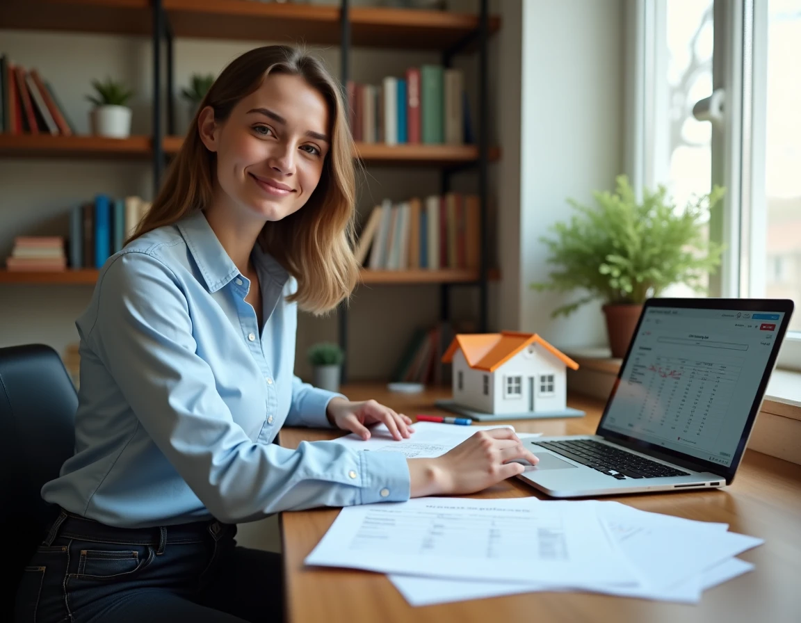 Étudiante simulant un prêt immobilier sur ordinateur portable avec des documents de financement sur un bureau en bois