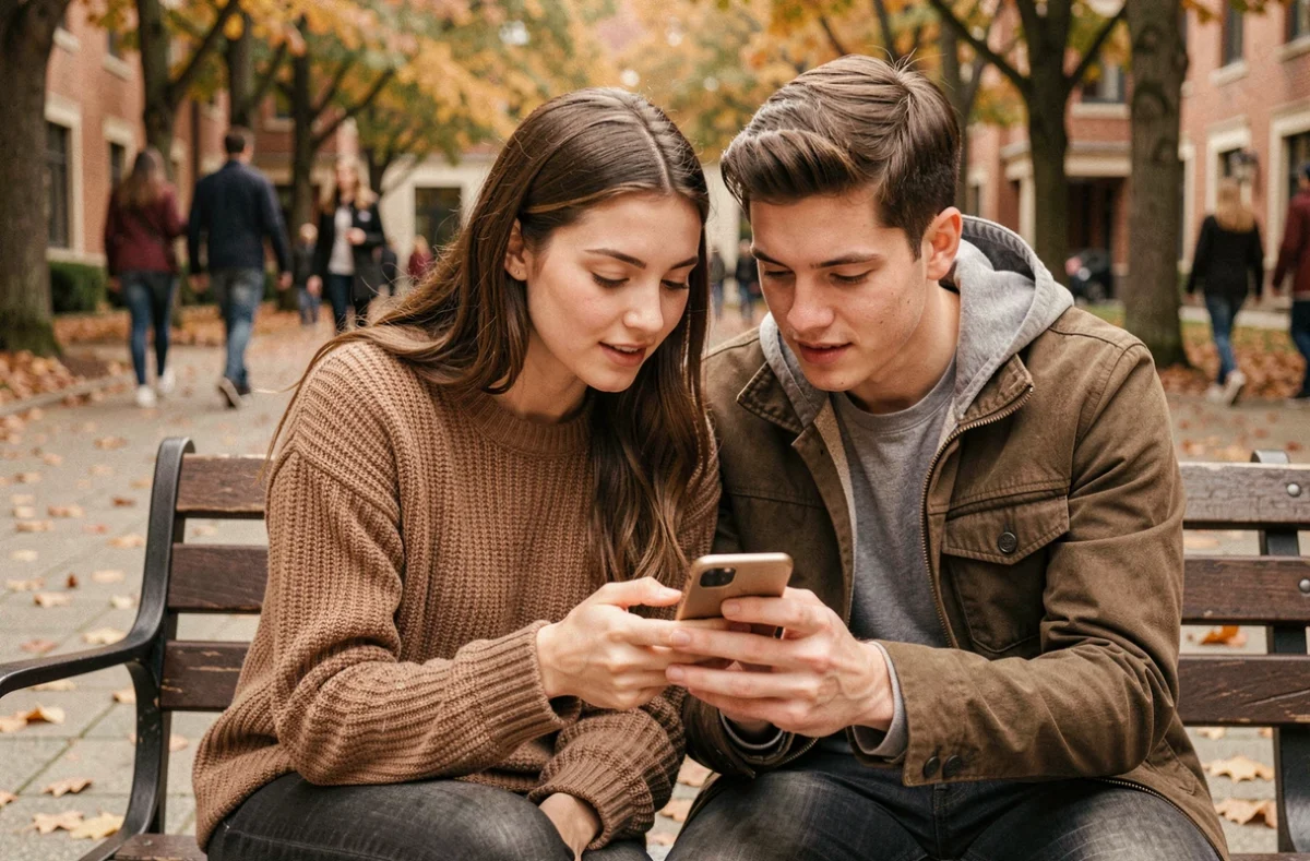 Deux étudiants comparant des offres d'assurance ADH sur smartphone dans la cour de leur université