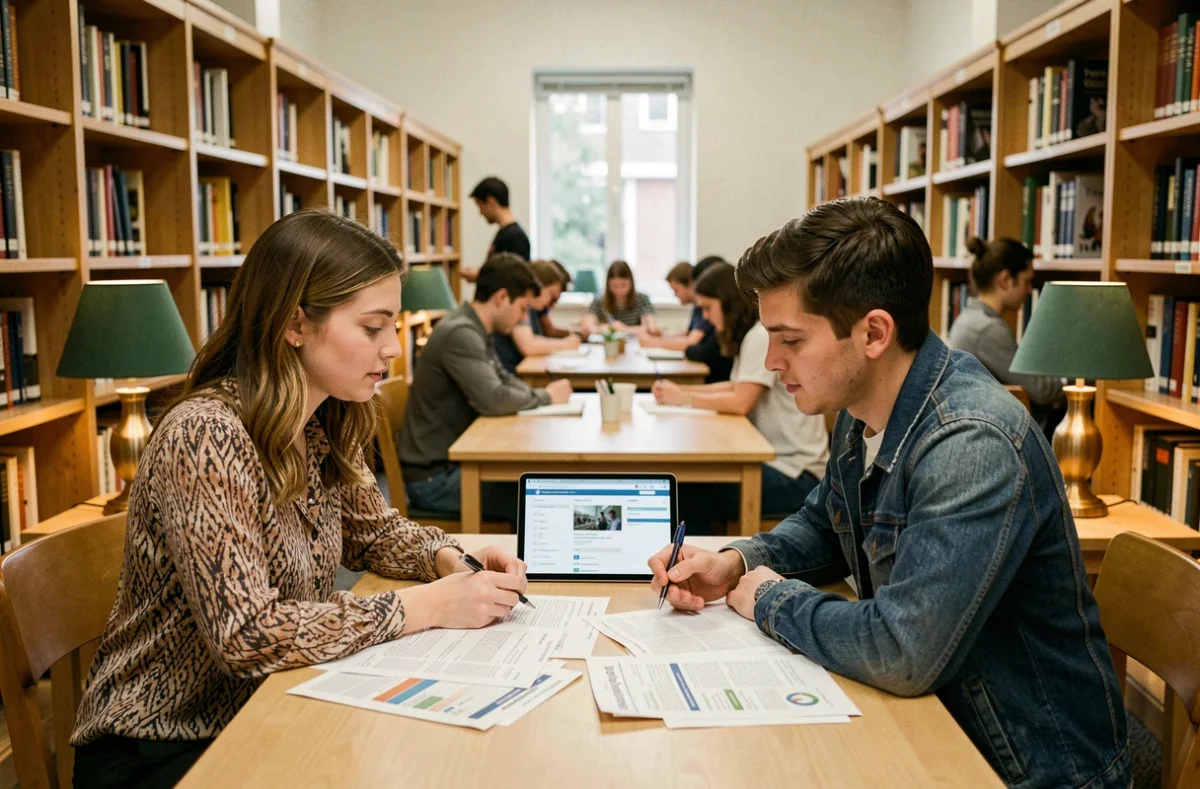 Deux étudiants comparant des documents d'assurance responsabilité civile dans une bibliothèque universitaire