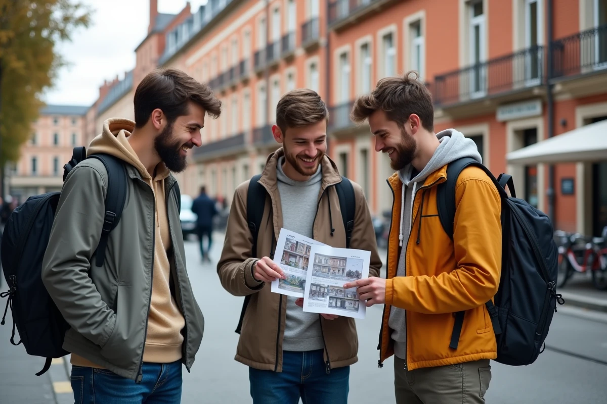 Trois étudiants discutant devant un immeuble toulousain