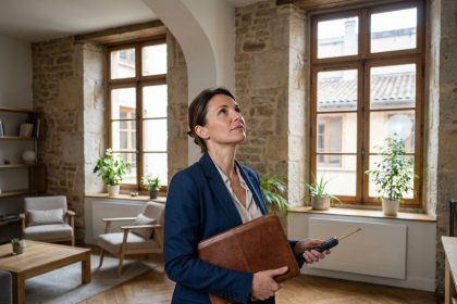Experte immobilière évaluant un appartement ancien à Lyon avec parquet et murs en pierre