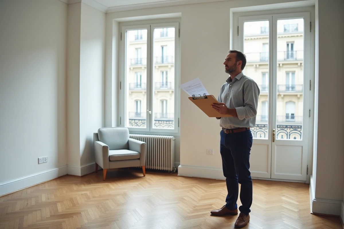 Homme évaluant un appartement vide avec des documents de bail dans un logement parisien