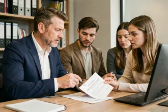 Expert en assurance habitation expliquant un contrat à un couple avant signature