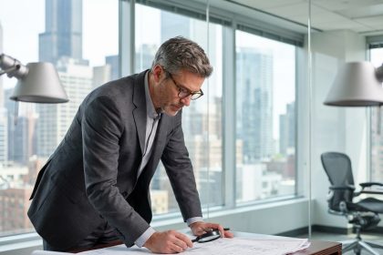 Expert immobilier examinant plans dans un bureau moderne