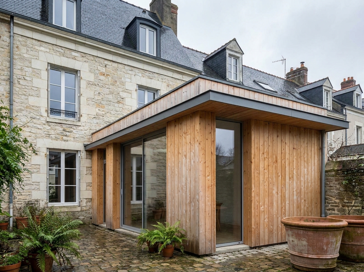 Extension en bois moderne accolée à une maison de ville nantaise, vue depuis le jardin avec contraste entre pierre ancienne et bardage en douglas naturel