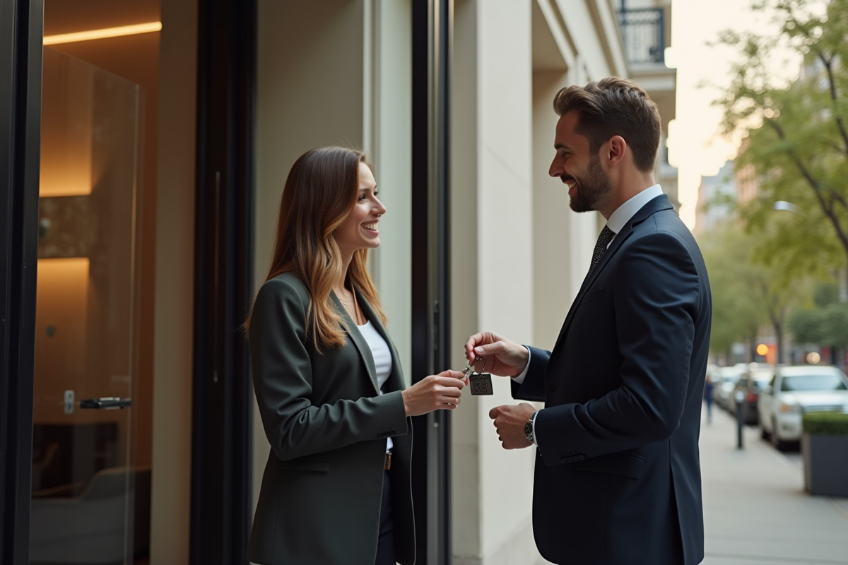 Personne recevant des clés devant une façade d