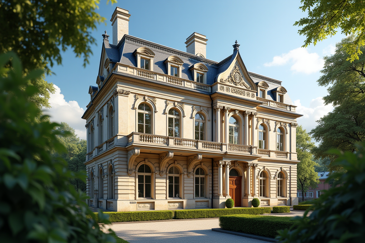 Façade historique européenne ensoleillée avec détails architecturaux