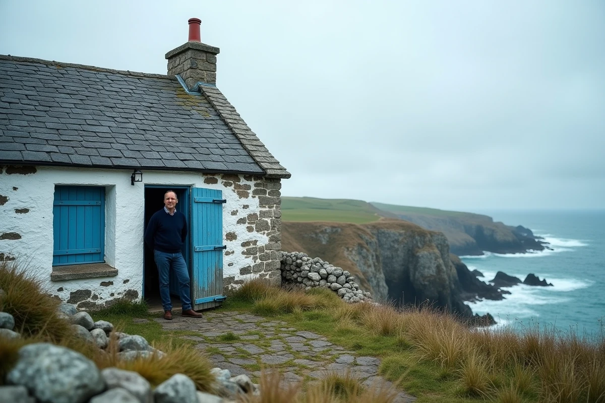 Façade d'une maison de pêcheur bretonne à vendre avec vue sur la mer et côte sauvage