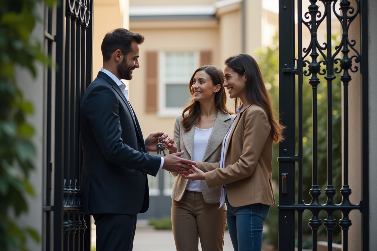 Agent immobilier remettant les clés à un couple devant une résidence élégante