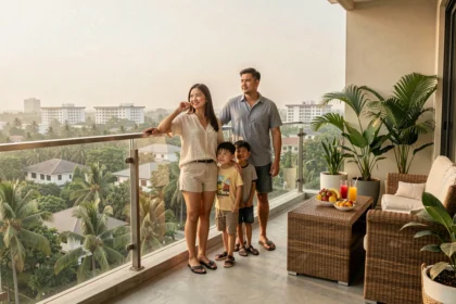 Famille occidentale sur le balcon d'un condo moderne en Thaïlande avec vue sur paysage tropical