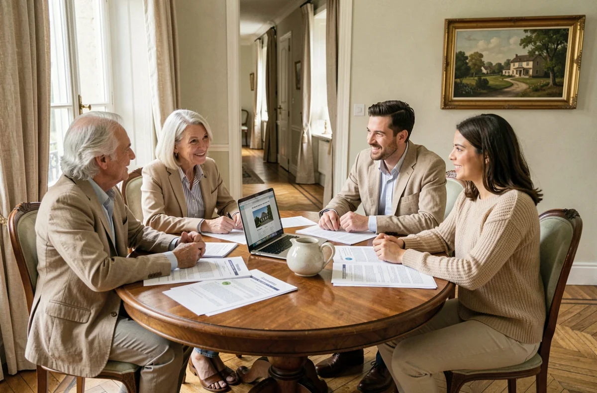 Une famille réunie autour d'une table discute d'un viager familial avec des documents immobiliers