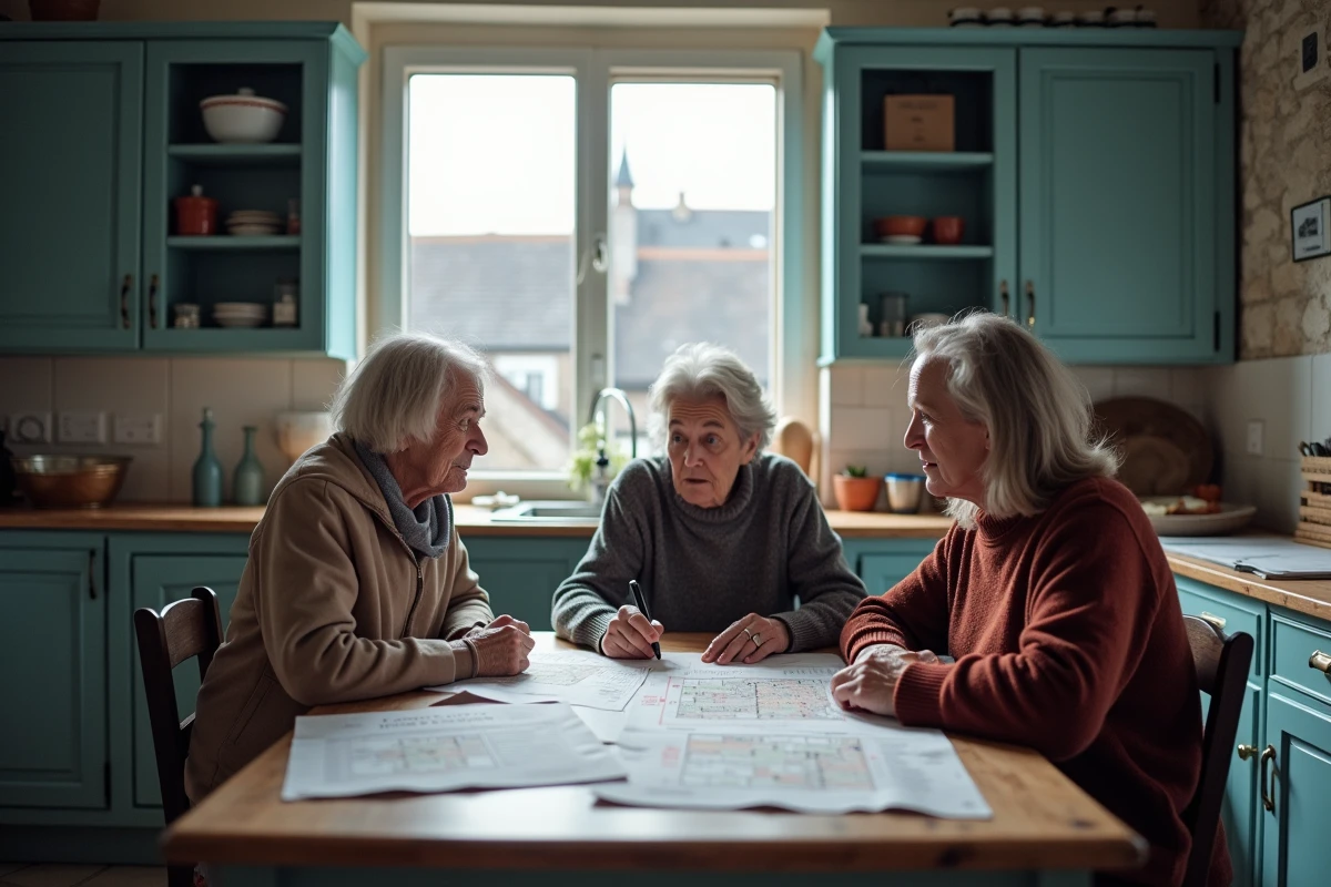 Famille réunie autour d'une table pour discuter d'un achat en indivision d'une maison de pêcheur en Bretagne