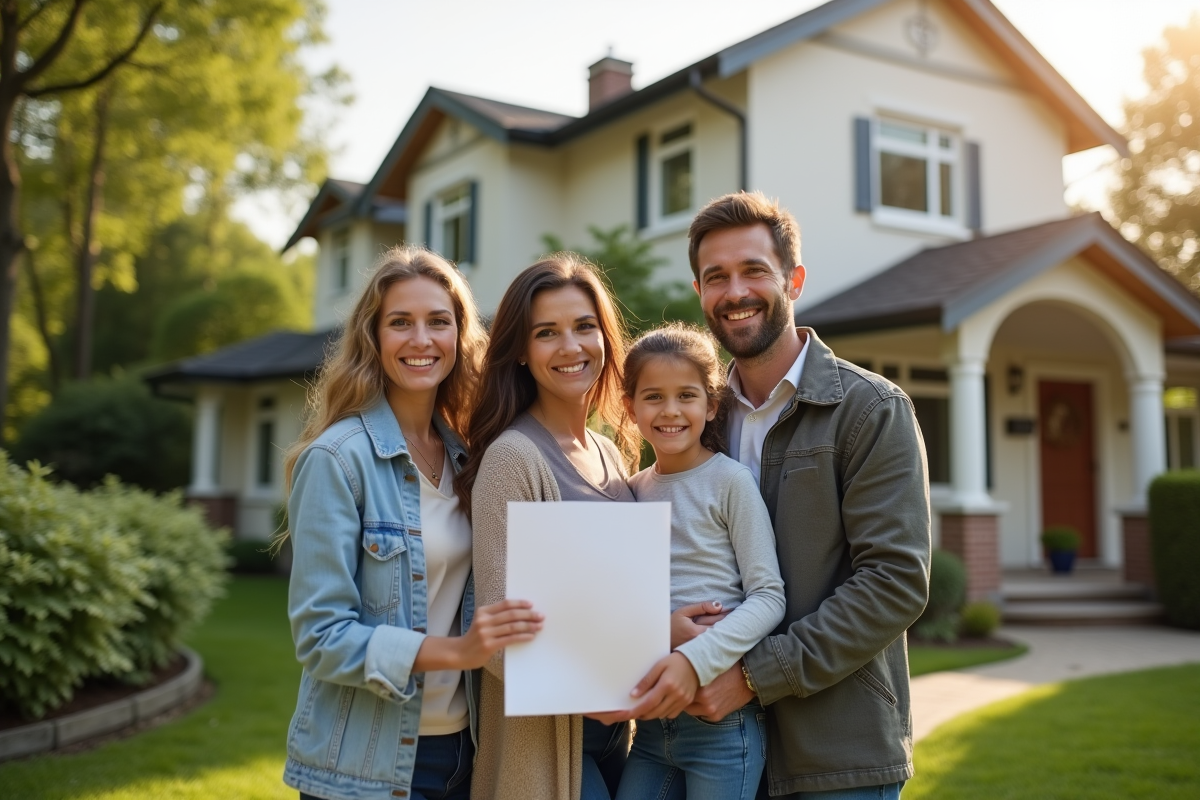 Famille souriante devant leur maison de banlieue en été
