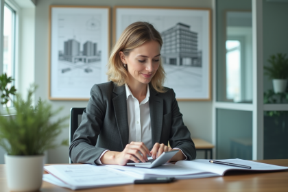 Femme d'affaires concentrée sur documents immobiliers