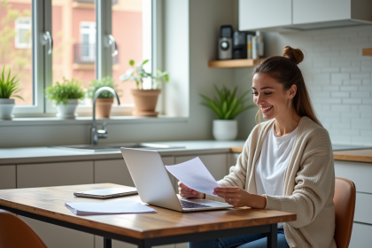 Femme souriante dans une cuisine moderne Airbnb