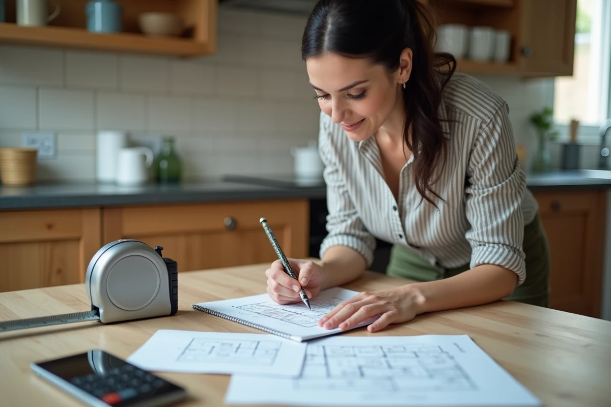 Femme calculant une surface en m2 avec un carnet de mesures et une calculatrice sur une table de cuisine