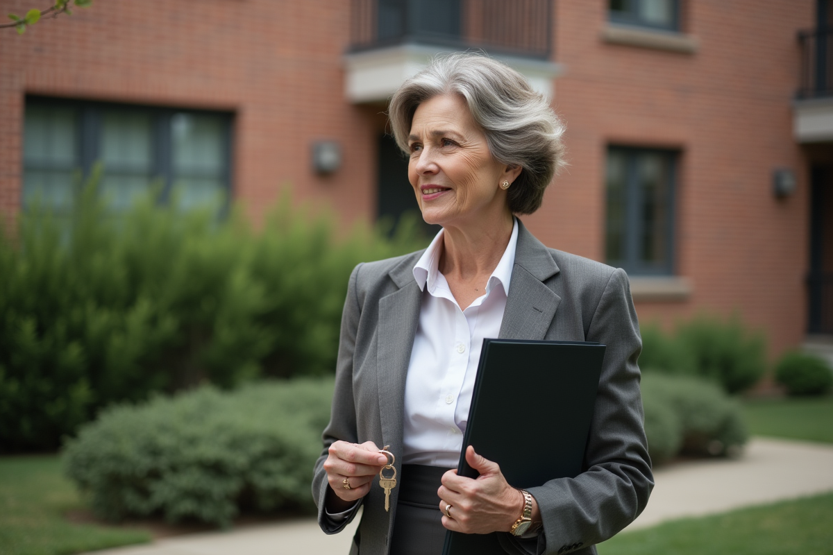 Femme mature tenant une clé devant un immeuble résidentiel en extérieur