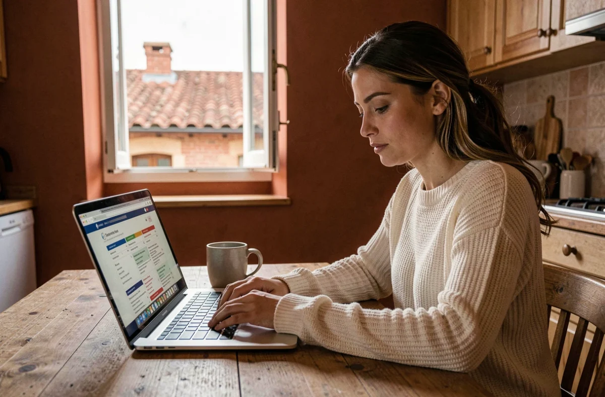 Femme comparant des offres d'assurance habitation pas chère sur son ordinateur dans un appartement toulousain