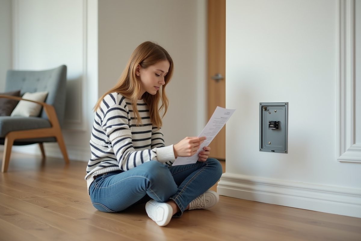 Jeune femme regardant un devis électrique dans son appartement