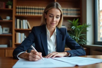 Femme cadre consultant des documents juridiques pour la création d'une SCI ou un achat immobilier en direct