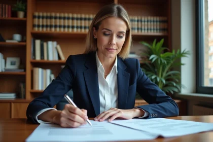 Femme cadre consultant des documents juridiques pour la création d'une SCI ou un achat immobilier en direct