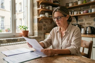 Femme examinant son contrat d'assurance habitation individuelle dans un appartement français