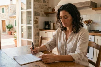 Femme consultant son contrat d'assurance habitation dans un appartement de style méditerranéen à Bastia