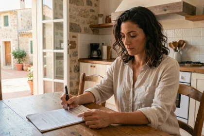 Femme consultant son contrat d'assurance habitation dans un appartement de style méditerranéen à Bastia