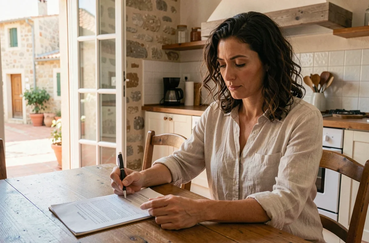 Femme consultant son contrat d'assurance habitation dans un appartement de style méditerranéen à Bastia