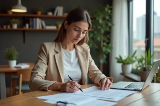 Femme examine un contrat d'assurance dans un appartement moderne